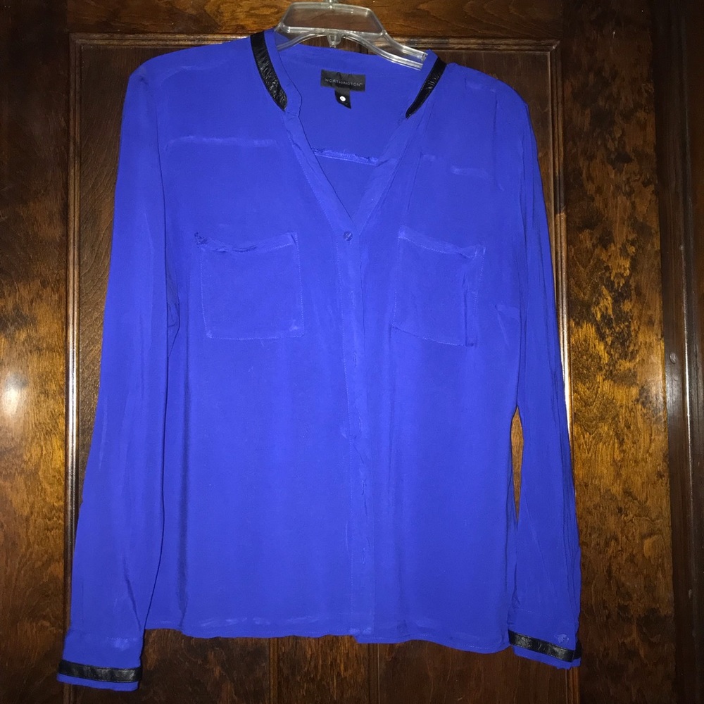 Royal blue shirt with leather trimmed collar.